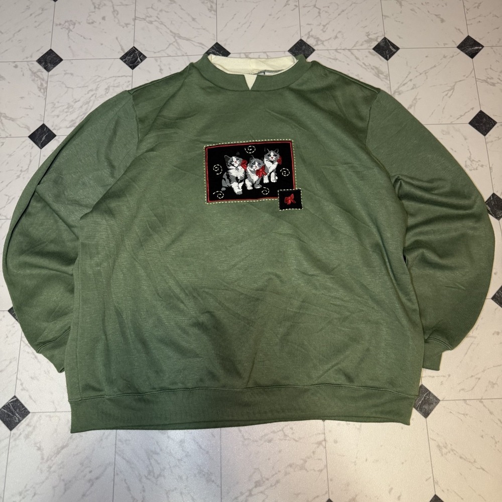 Green Cat Appliqué Crewneck Sweatshirt Men's‎ XL Embroidered Graphic Pullover